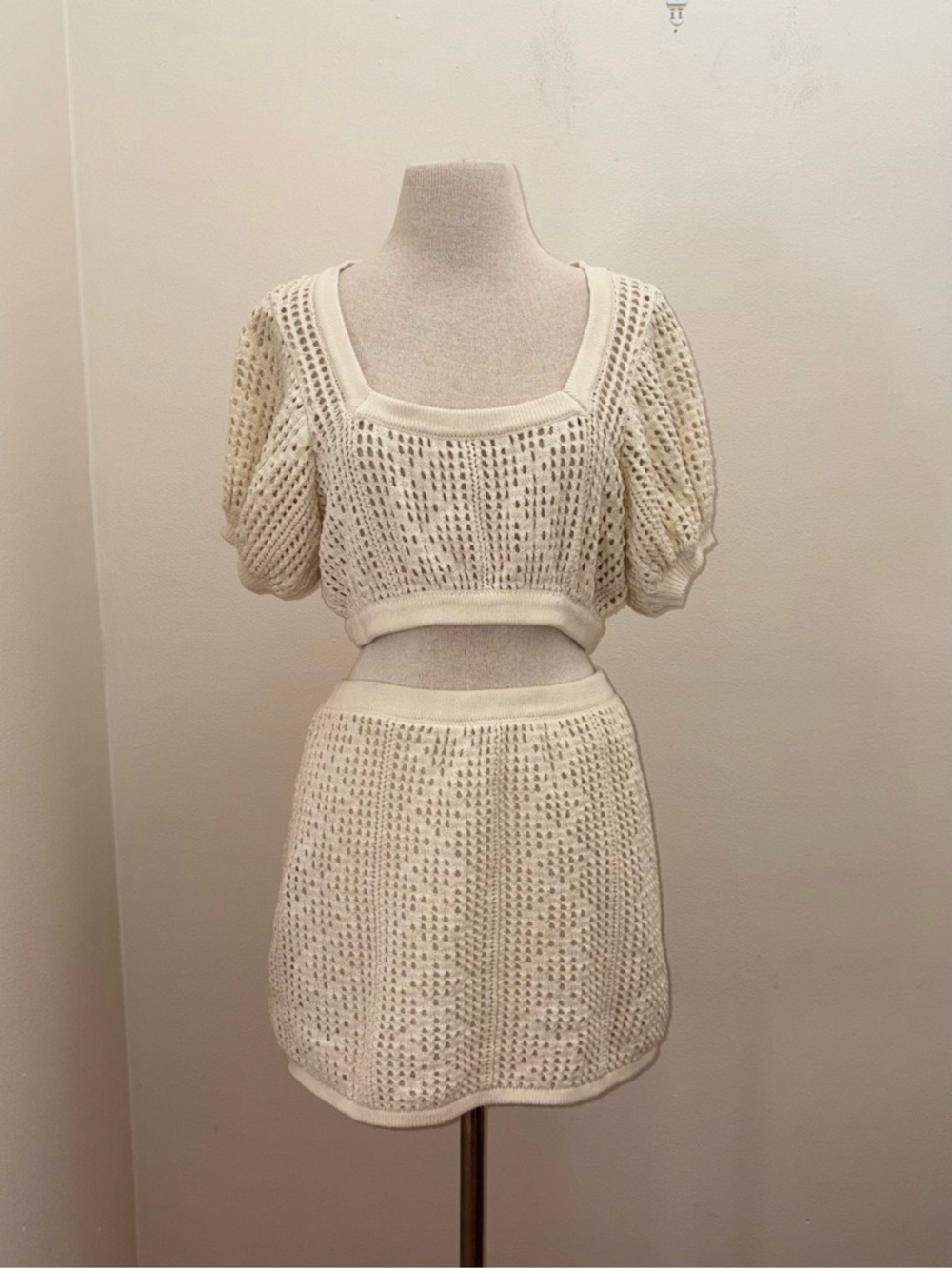 Sabo Lux Cotton Kimmi Beige Crochet Crop Top & Skirt Set Large Festival Bohemian - Picture 2 of 13